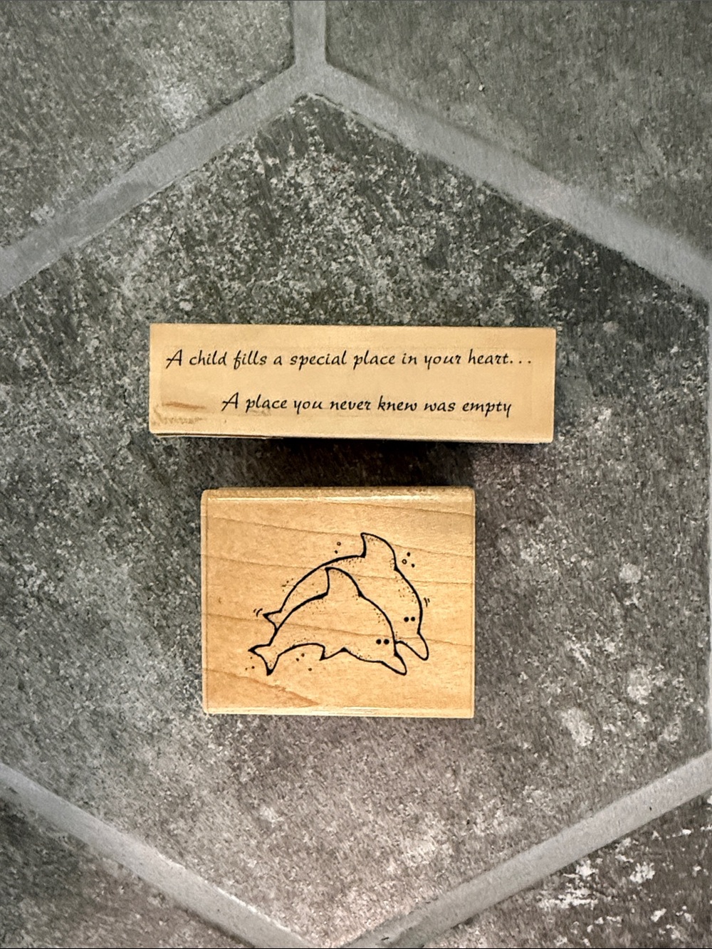 Set of 2 Wooden Rubber Stamps Birth / Adoption and Two Dolphins D.O.T.S.